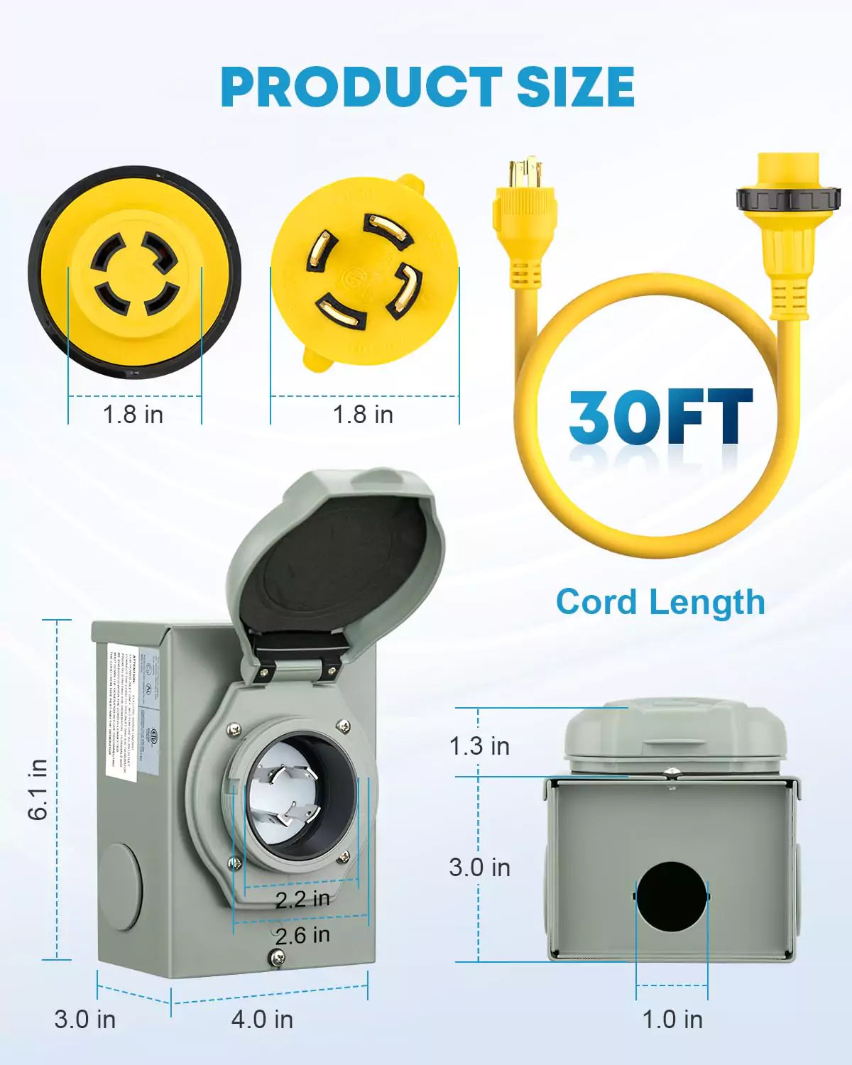 30 amp 30 ft twist lock generator cord and inlet box kit size