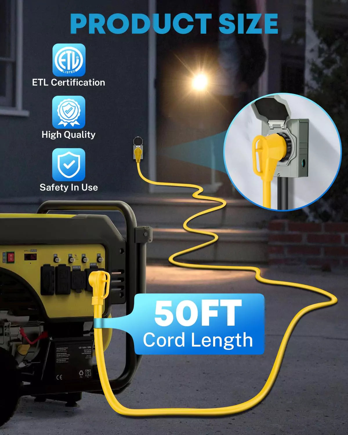 Kohree 50 amp 50 ft electrical cords for generators size chart