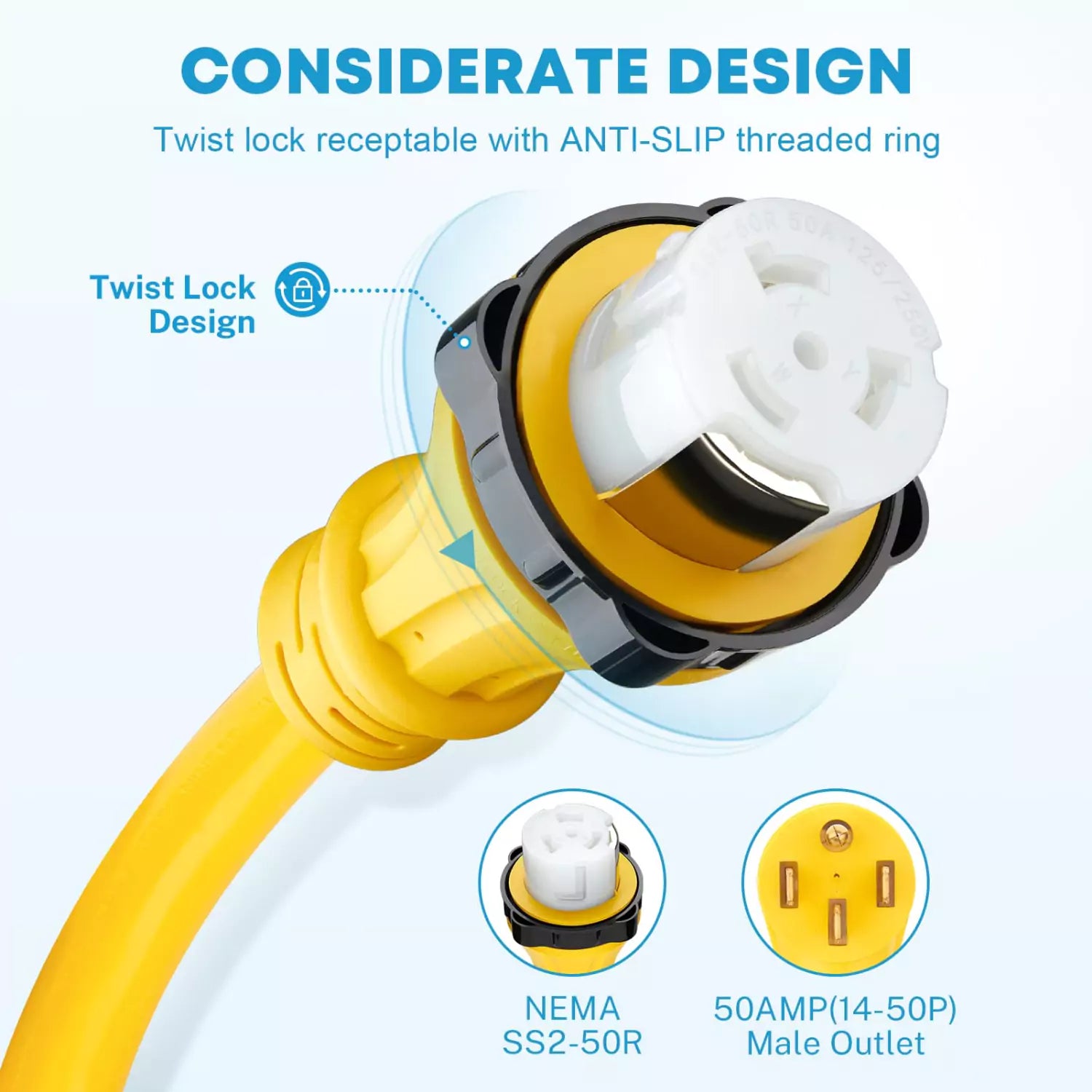 Special twist lock design for 50 feet 50 amp extension cord