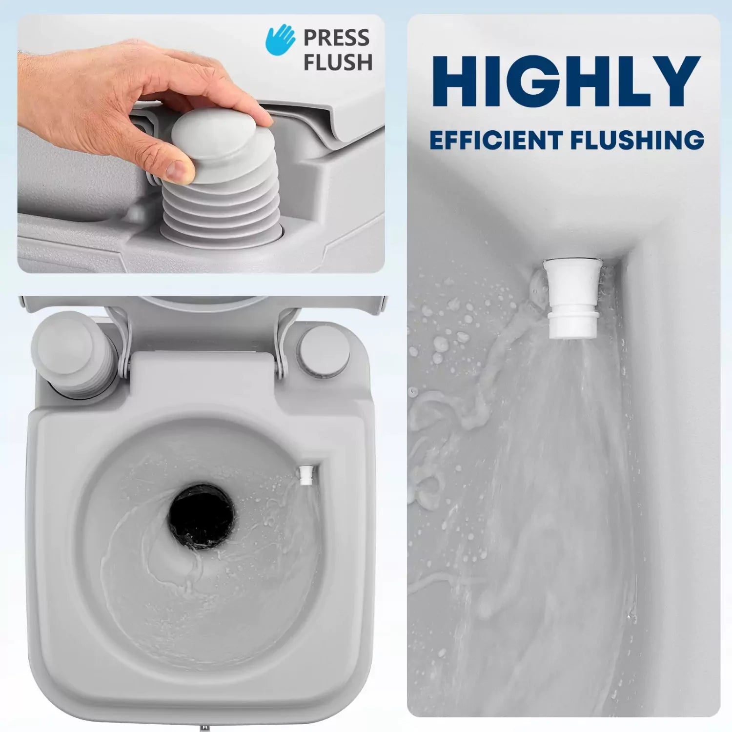 Highly effiient flushing camper toilet with holding tank