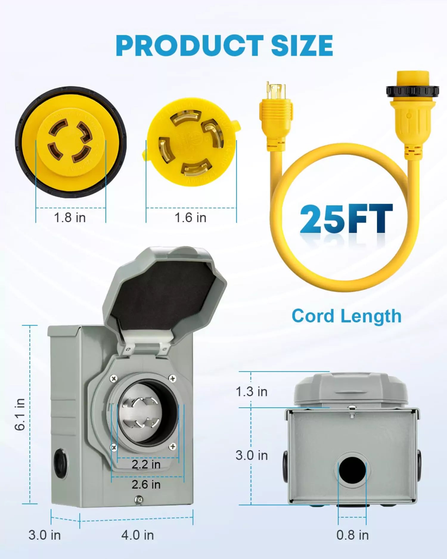 Kohree generator extension cord 30 amp and inlet box size