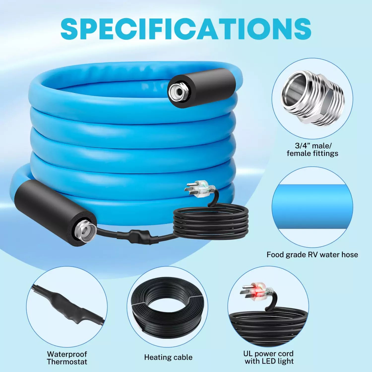 Specifications of heated camper hose 50 ft