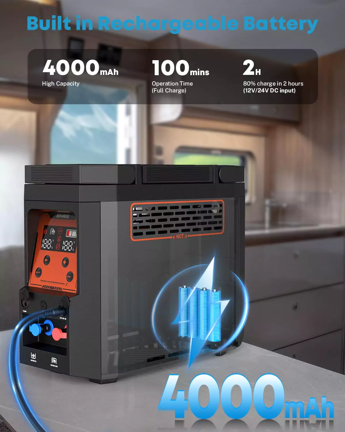 Portable hot water heater built in rechargeable battery