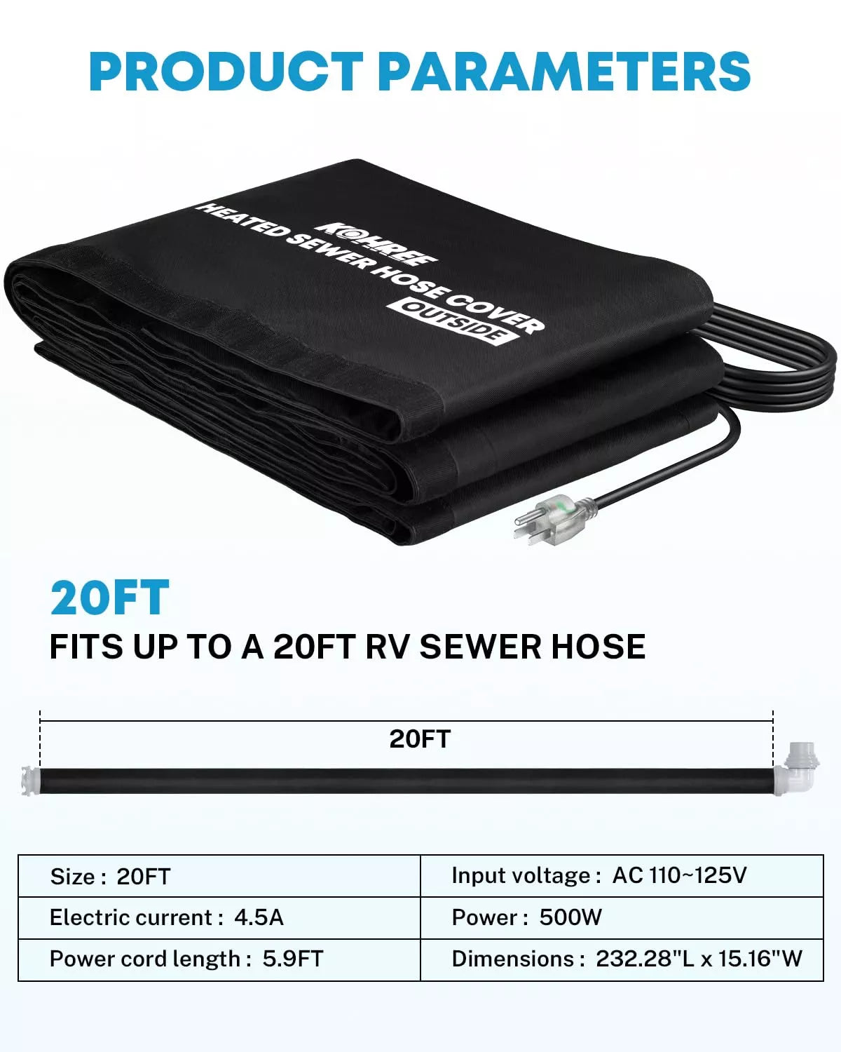 Kohree RV sewer hose heated sleeve 20 ft parameters