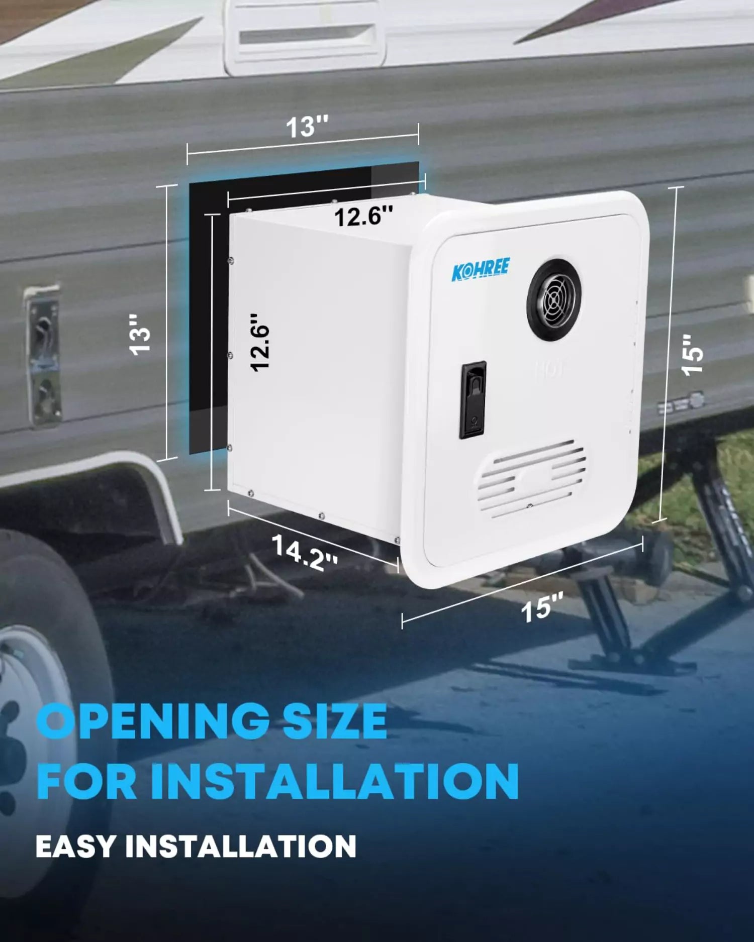 15" x 15" opening size rv water heater for easy installation