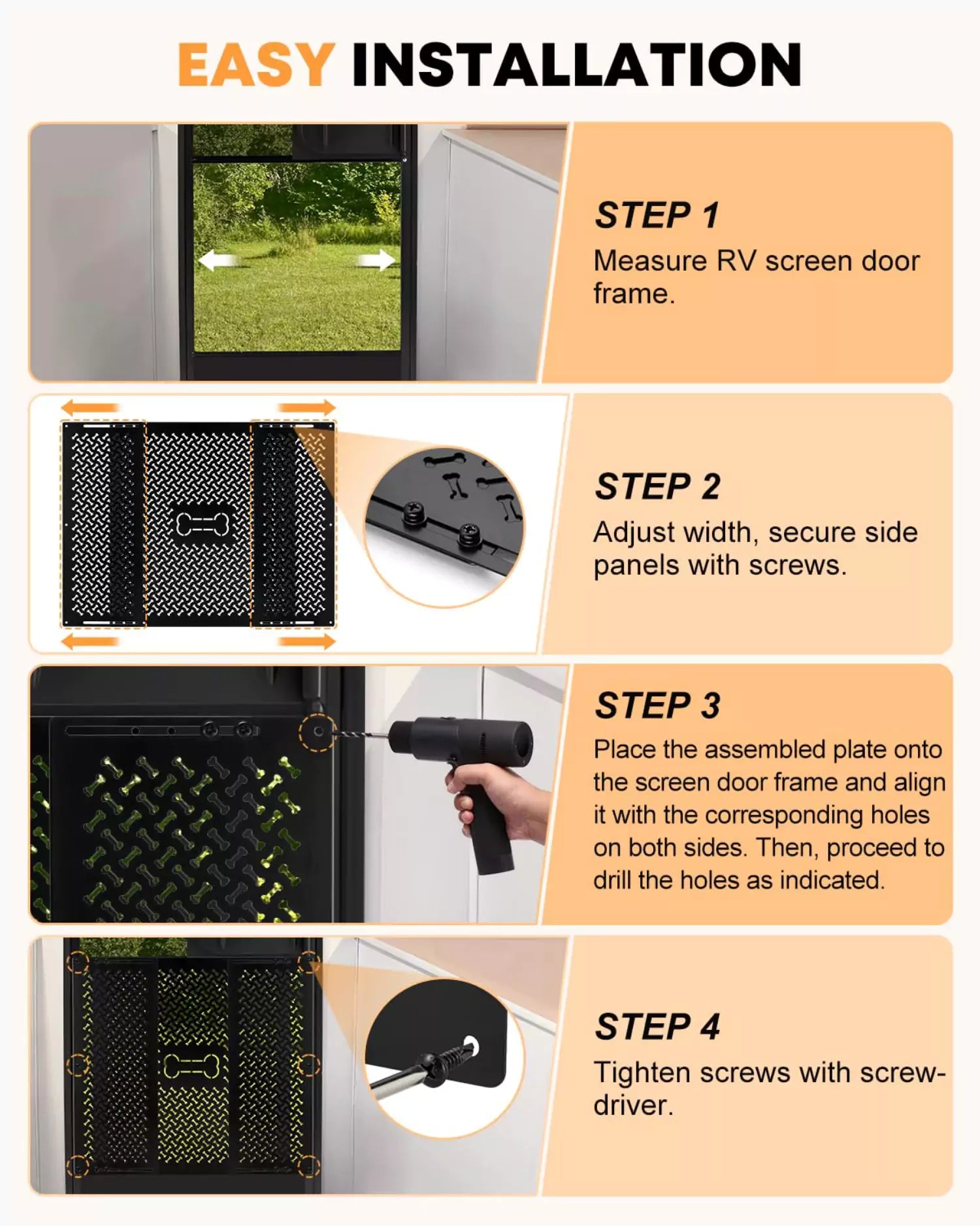 Easy installation travel trailer screen door protector