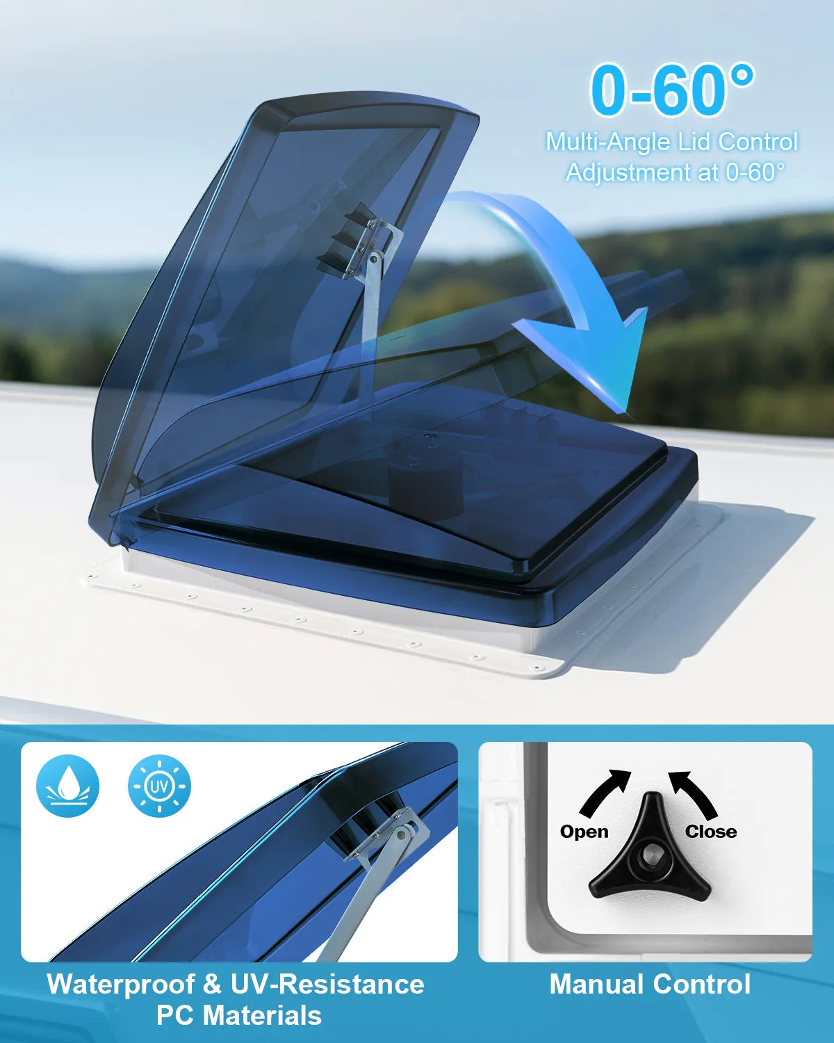Blue manual RV roof fan with 10-speed wind adjustment for customizable airflow.
