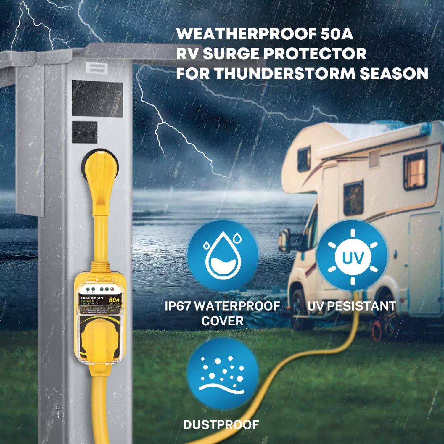 Weatheproof 50a RV surge protector for thunderstorm season