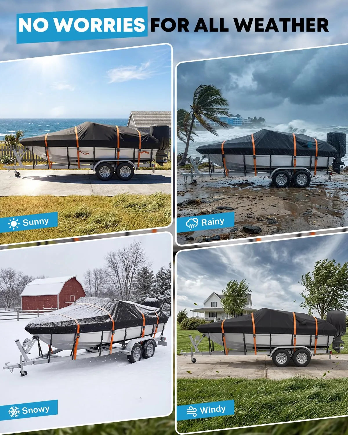 Kohree boat cover fits boats from 16 to 24 ft within the stated beam width limits.