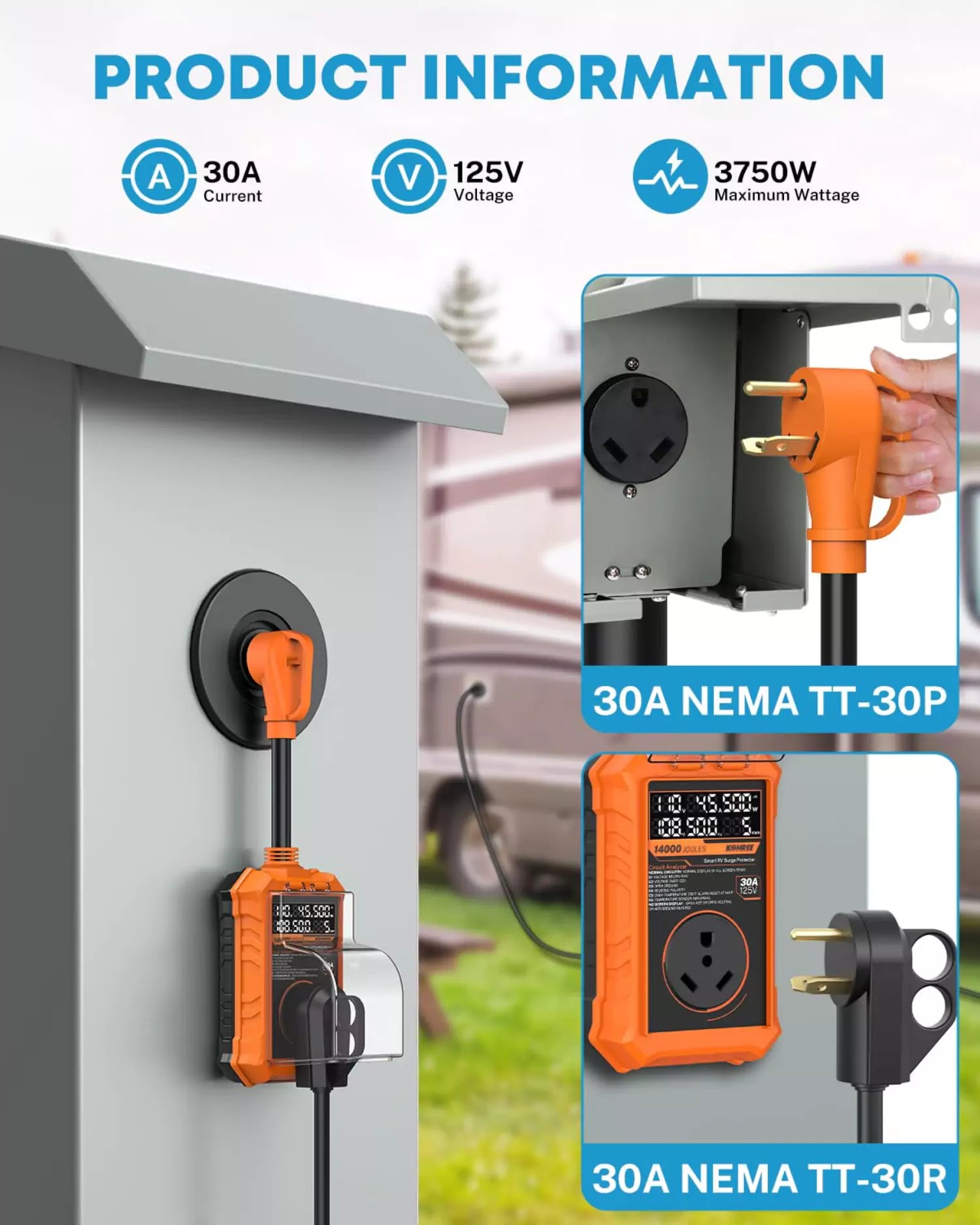 Kohree 30 amp camper surge protector orange information