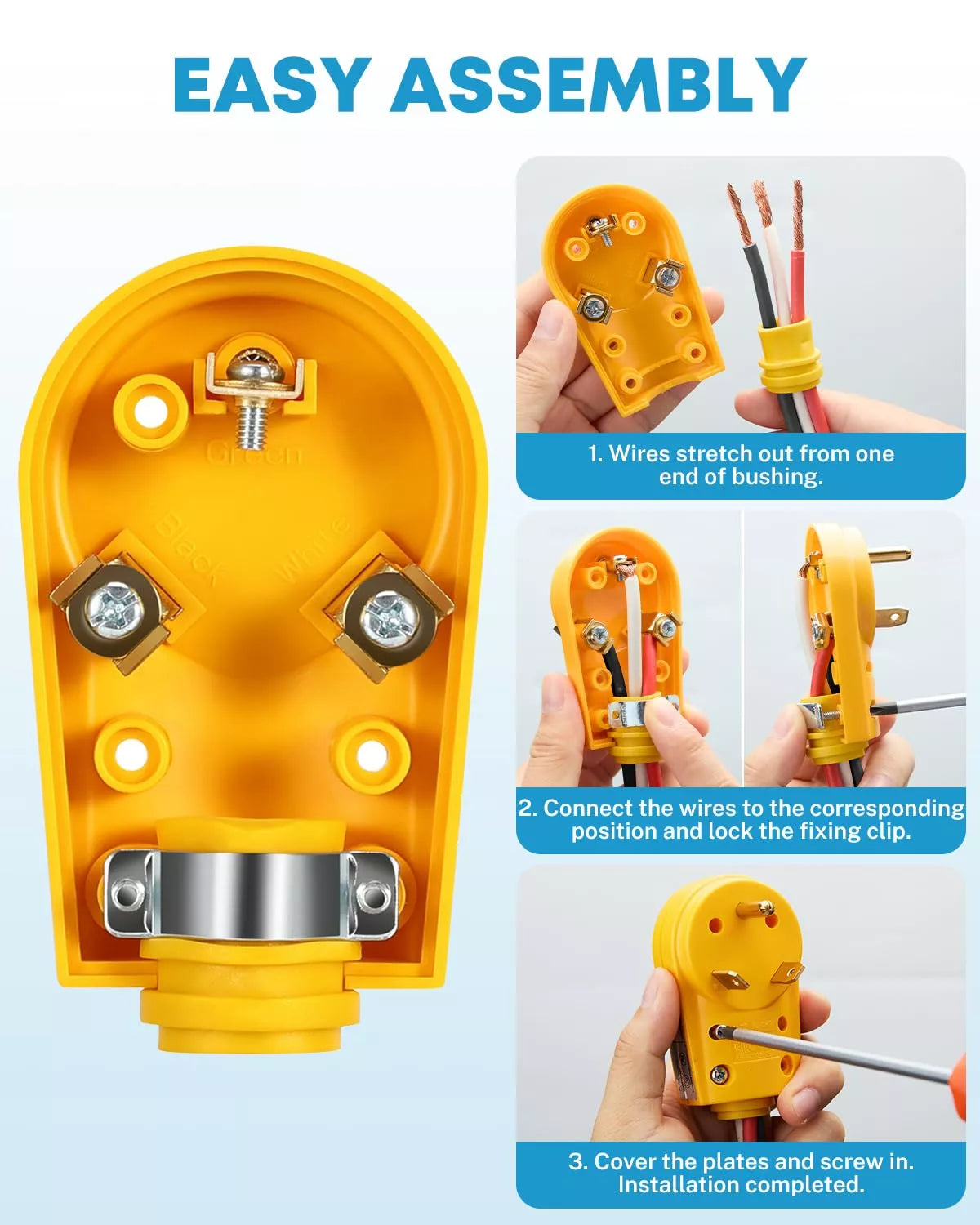 Yellow electrical 30 amp rv male plug with step-by-step assembly instructions