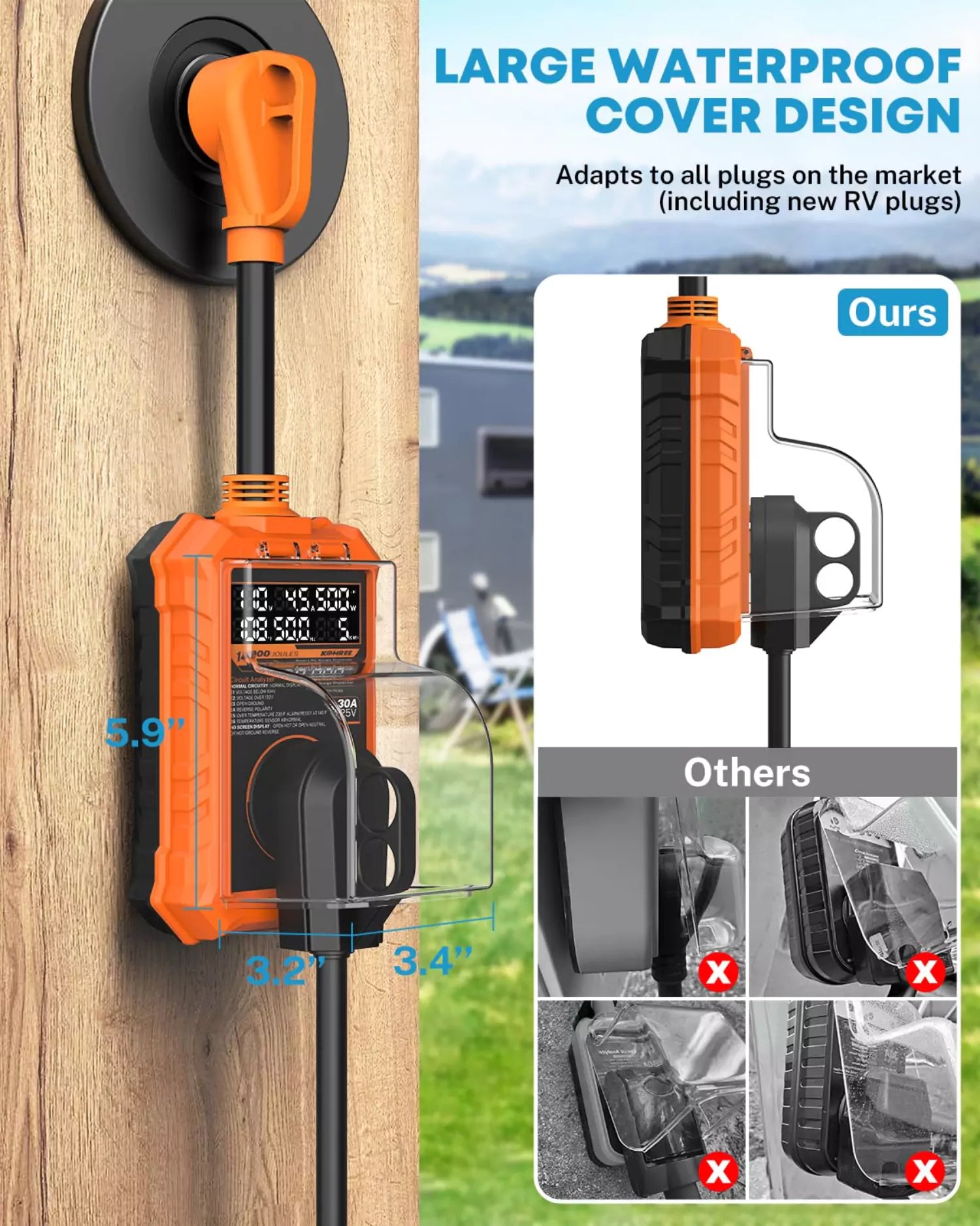 Large waterproof cover design of 30 amp surge protector for camper