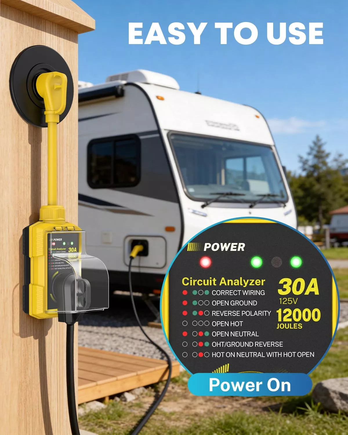 Power surge protector with cable and circuit analyzer display in front of an RV