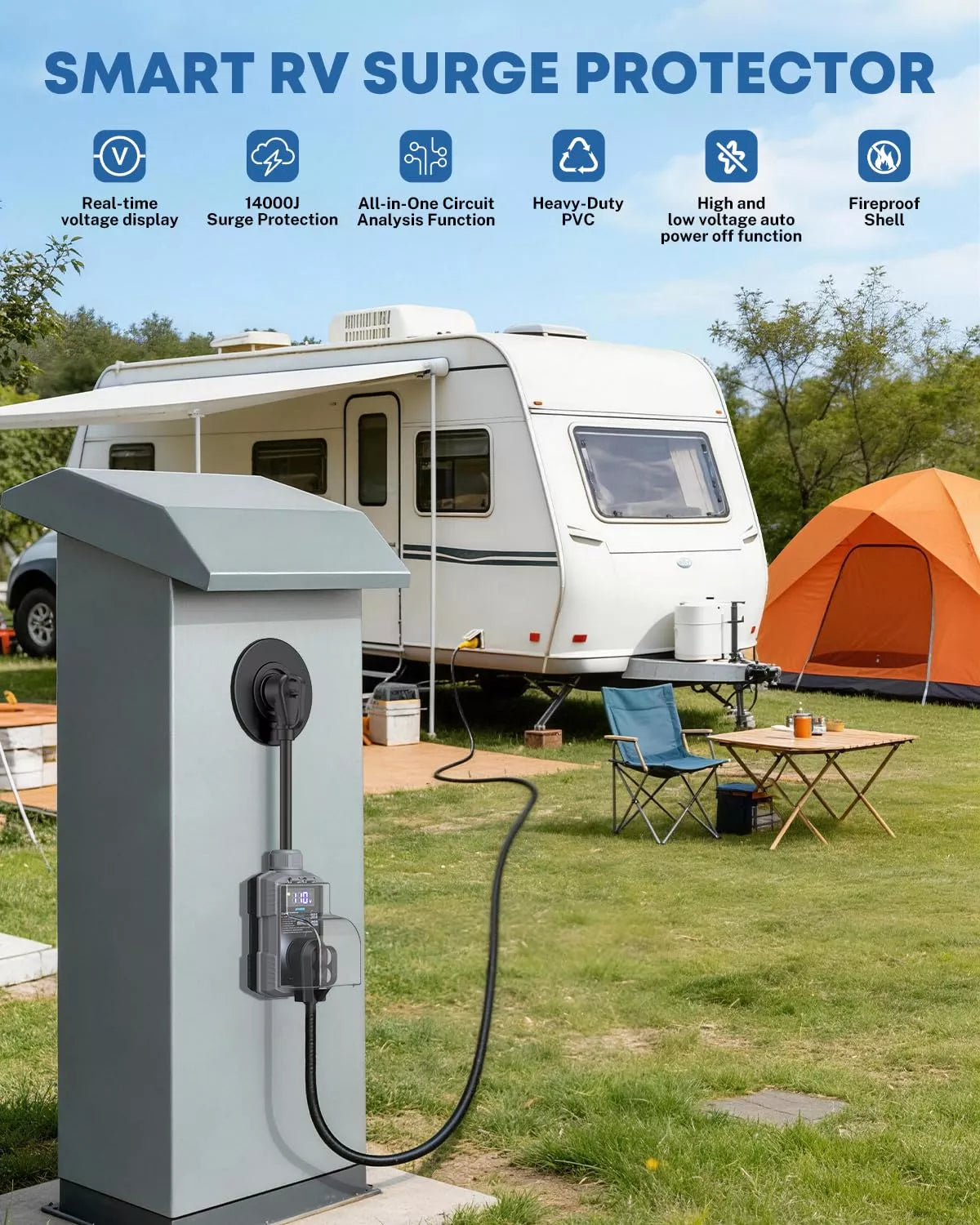 Smart RV surge protector with an RV and tent in a campsite