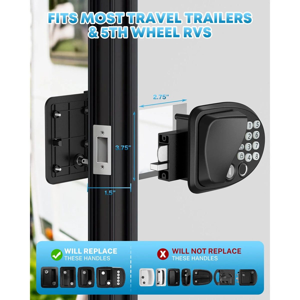 Black electronic keypad lock for travel trailer and 5th wheel RVs 
