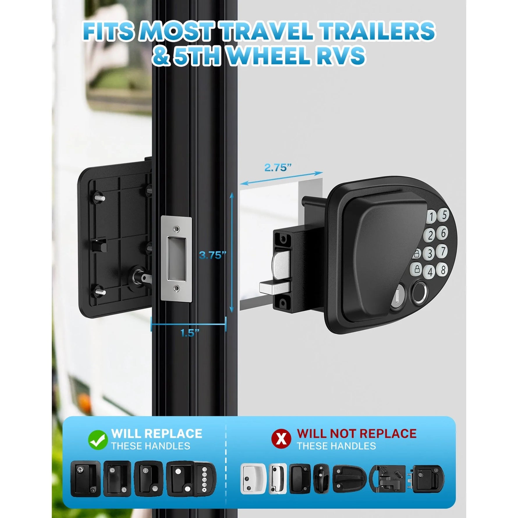 Black electronic keypad lock for travel trailer and 5th wheel RVs 