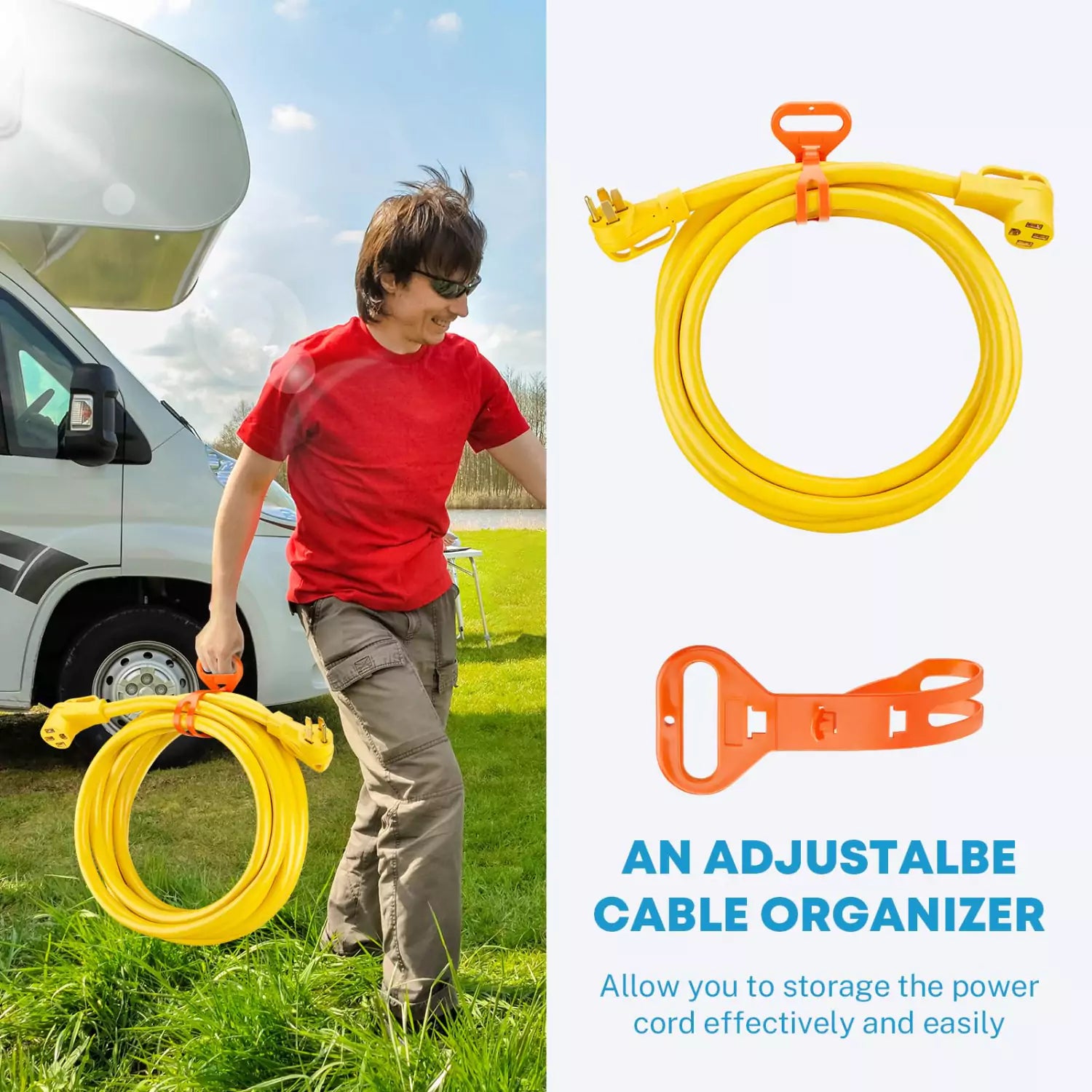 Adjustable cable organizer with 50 amp camper extension cord 30 ft