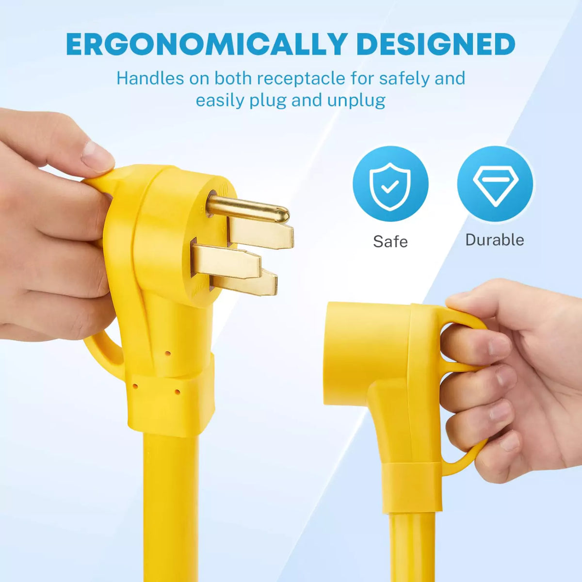 Ergonomically designed 50 amp RV extension cord 30 ft