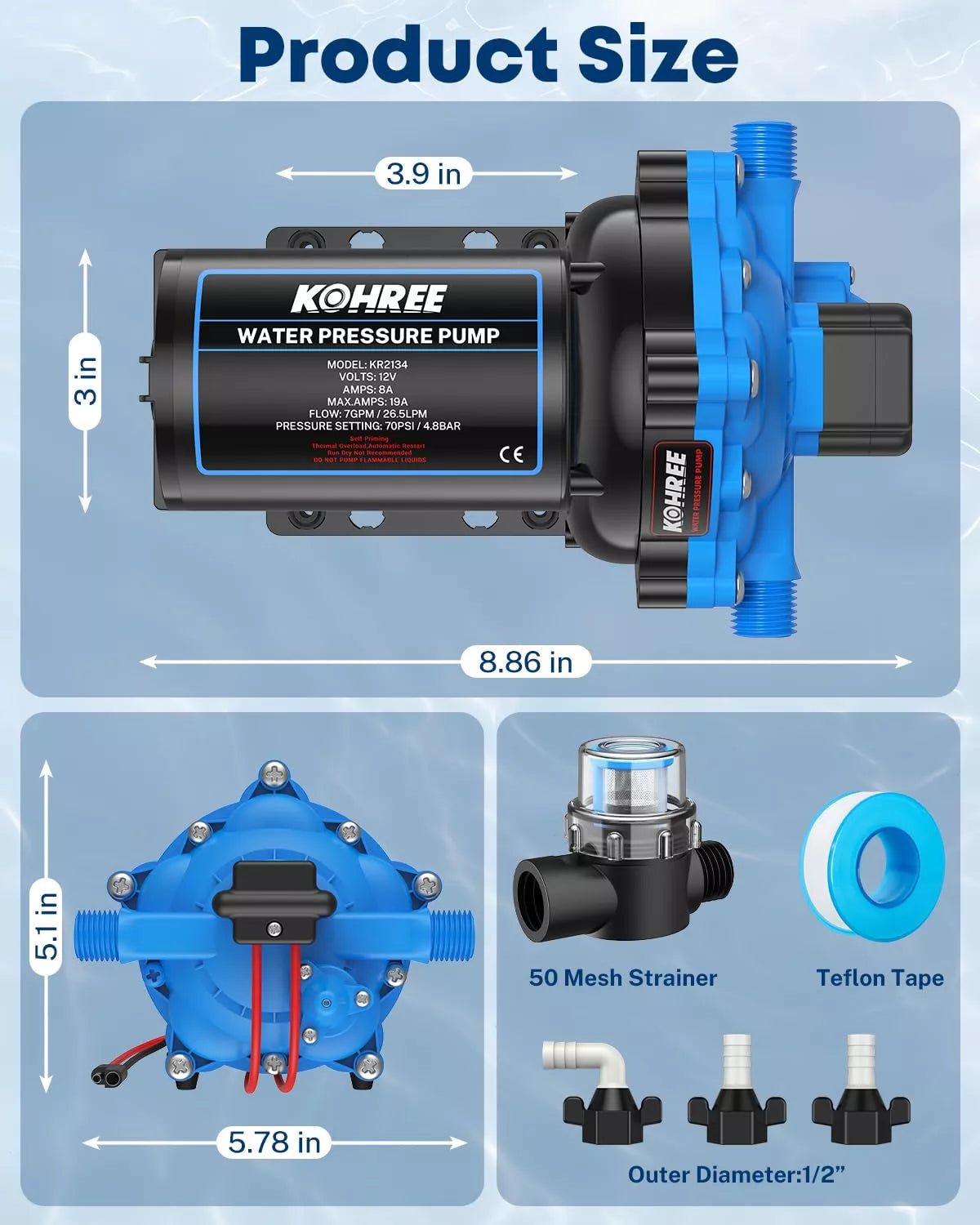 Kohree upgraded 7 gpm RV water pump size
