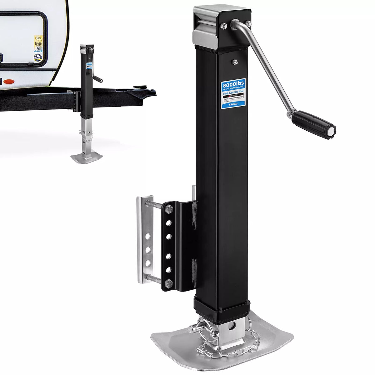 Black and silver trailer jack stand with a handle attached to a vehicle