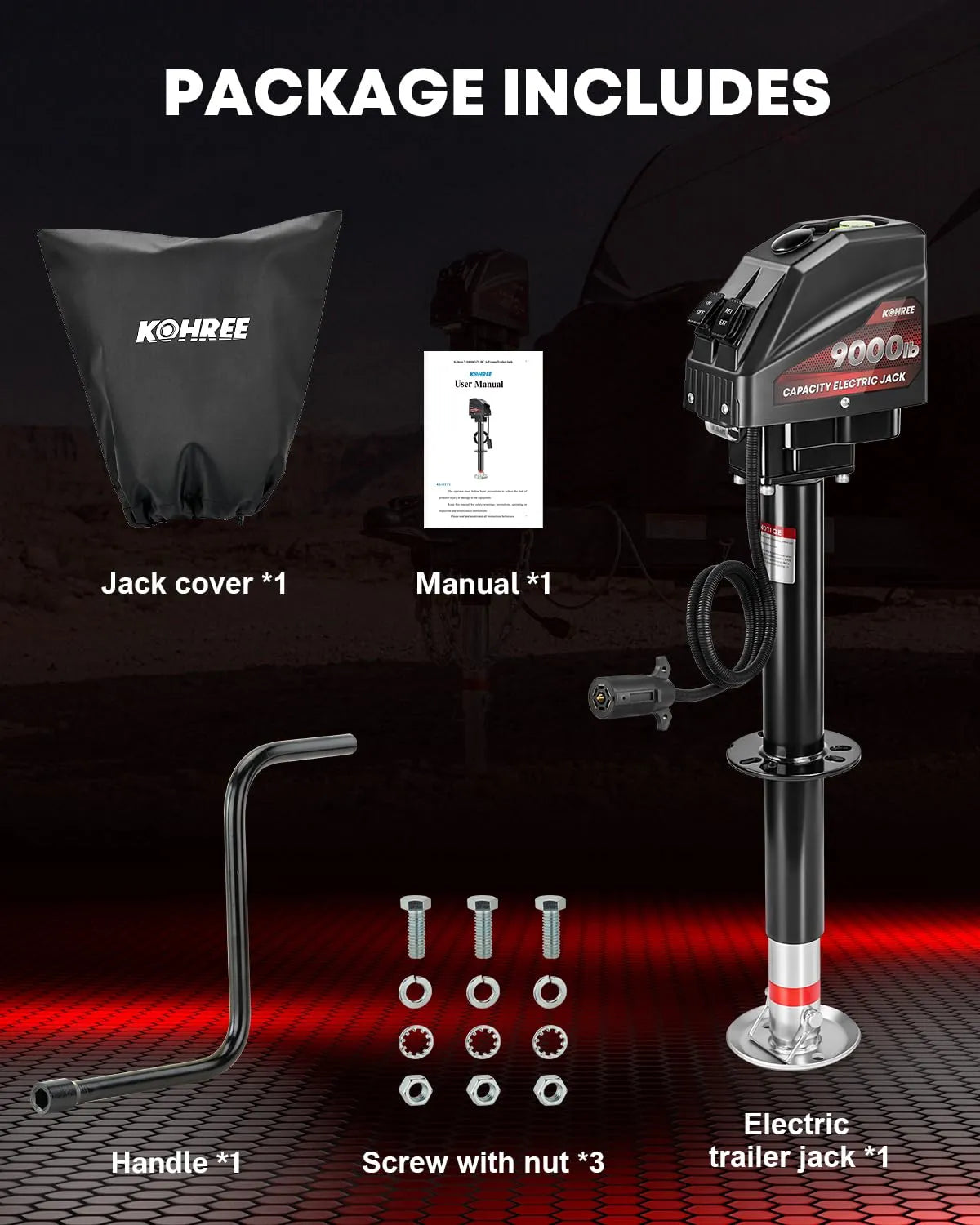Kohree 9000 lbs power tongue jack for travel trailer package content 