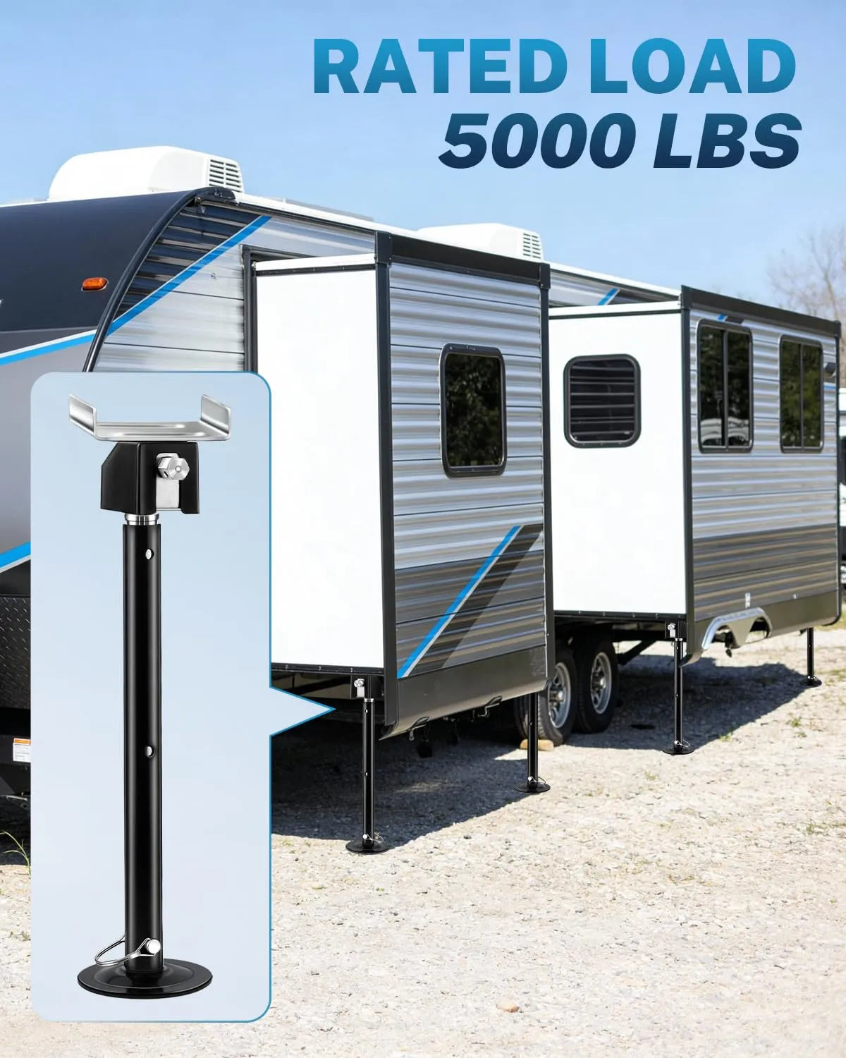 A travel trailer parked outdoors on gravel with large text reading 'RATED LOAD 5000 LBS' at the top and a floating inset showing a black leveling jack assembly.