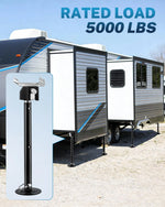 A travel trailer parked outdoors on gravel with large text reading 'RATED LOAD 5000 LBS' at the top and a floating inset showing a black leveling jack assembly.