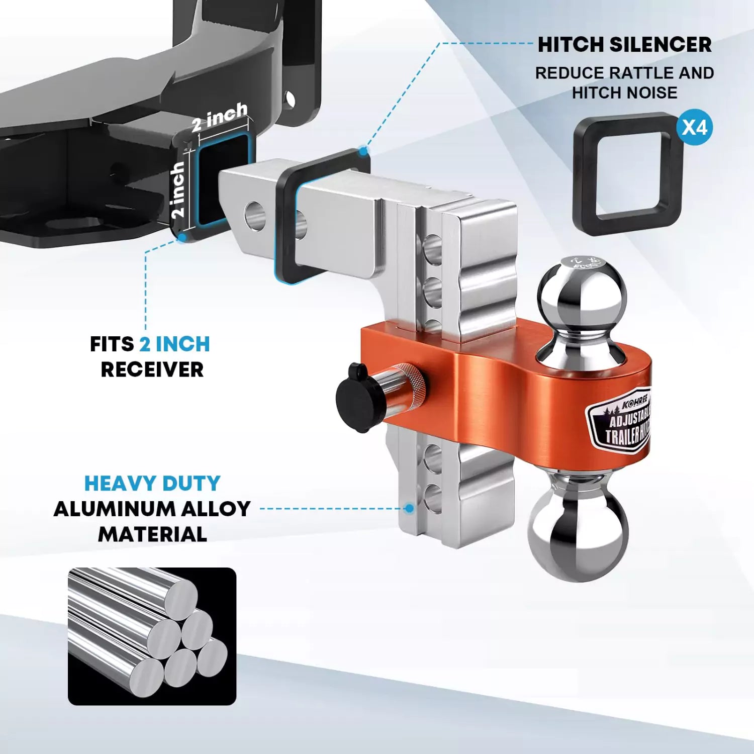 Adjustable trailer hitch 6 inch orange features