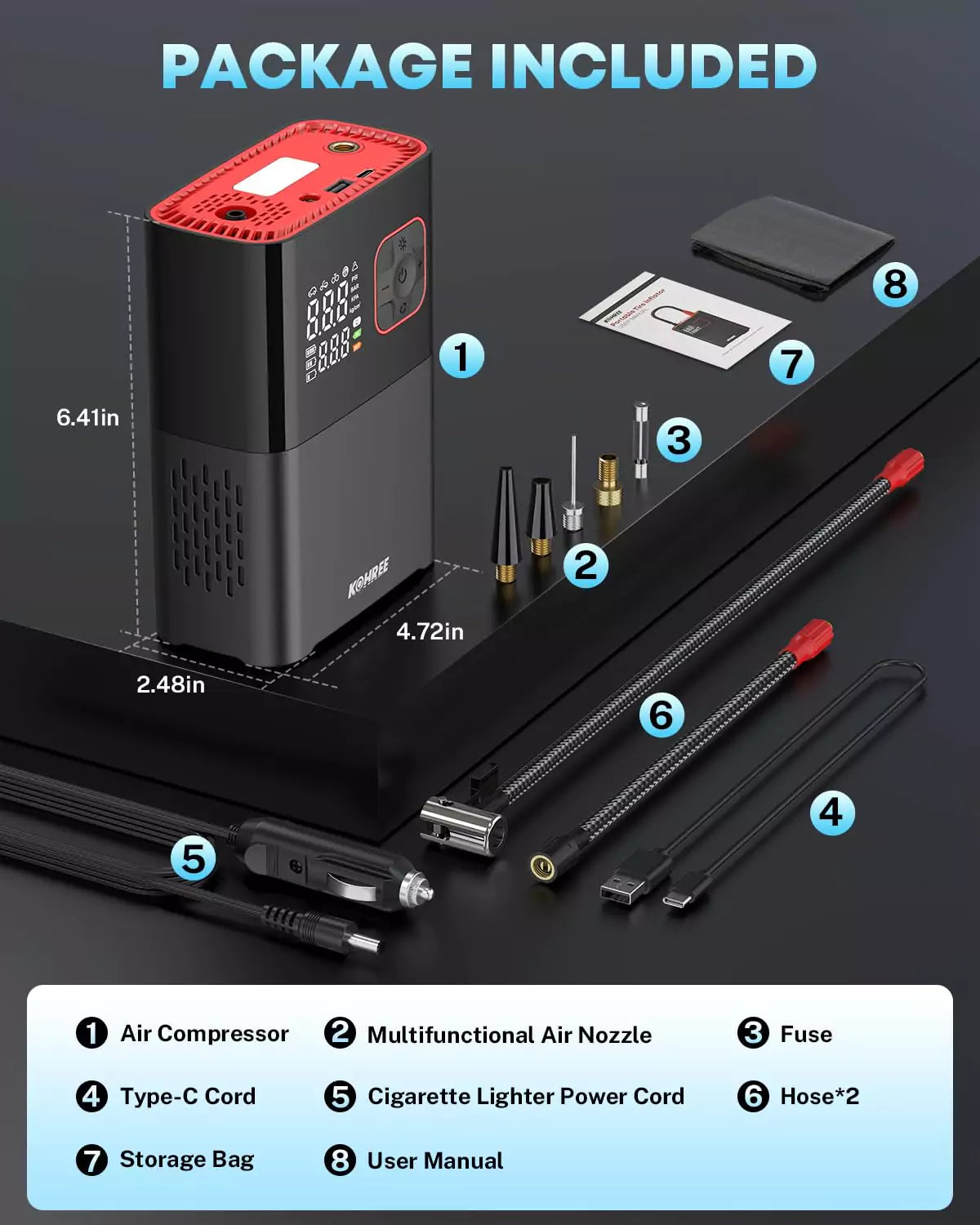 Kohree automatic tire air pump package content