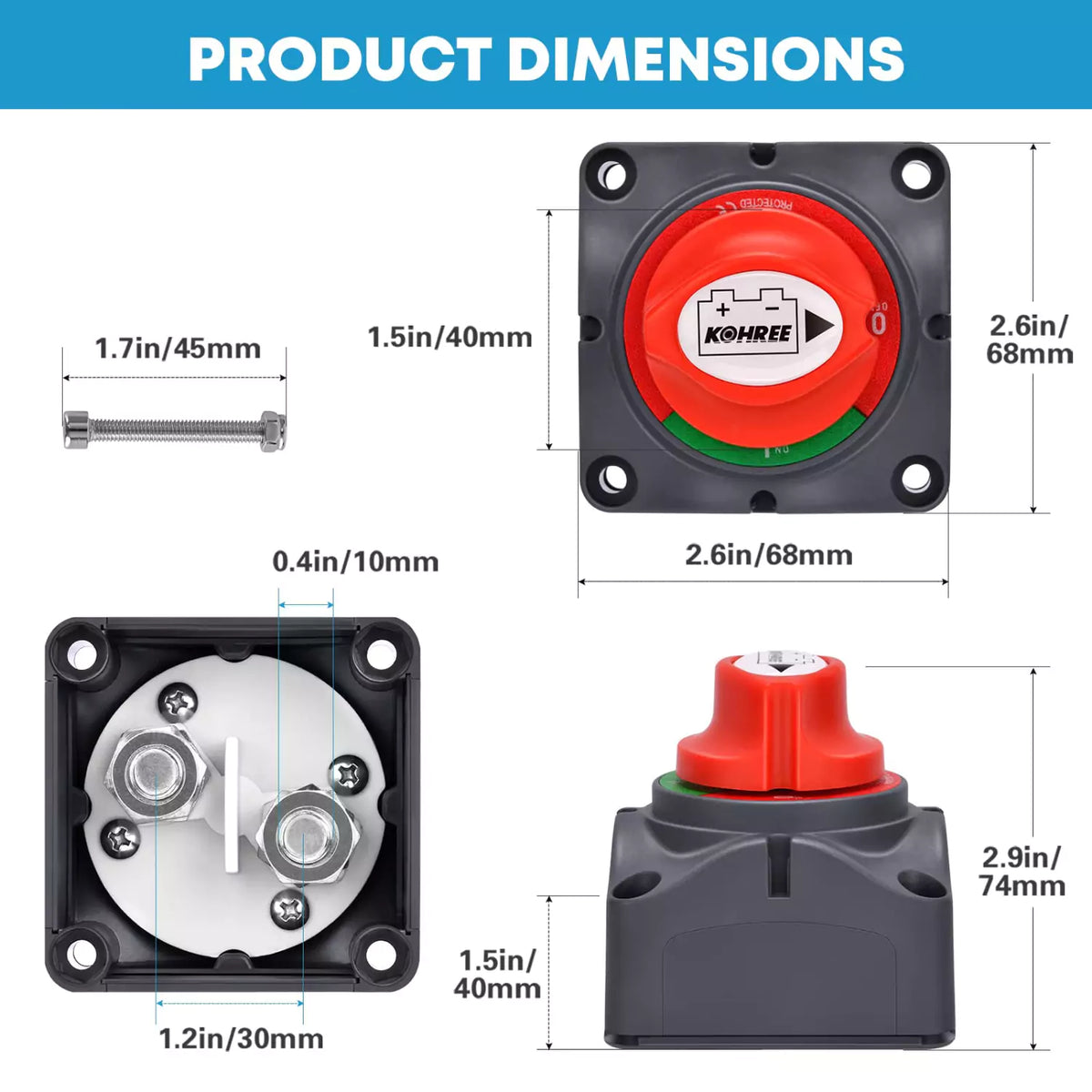 Kohree battery disconnect dimensions