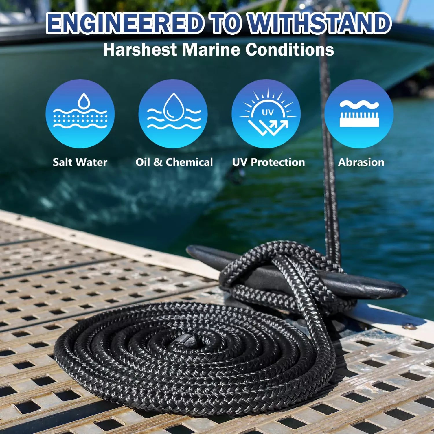 Harshest marine conditions boat with rope