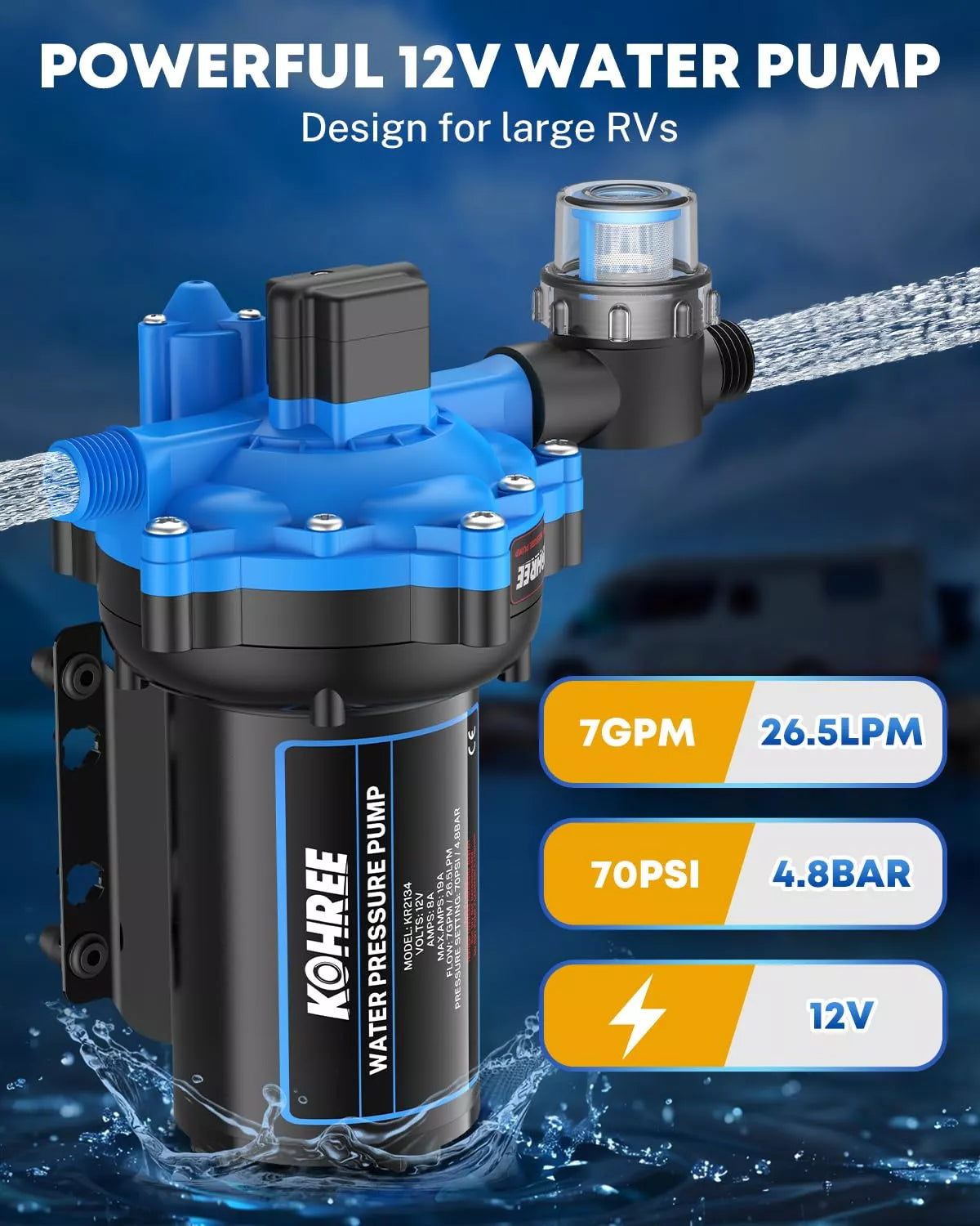 Powerful 12v 7 gpm camper water pump