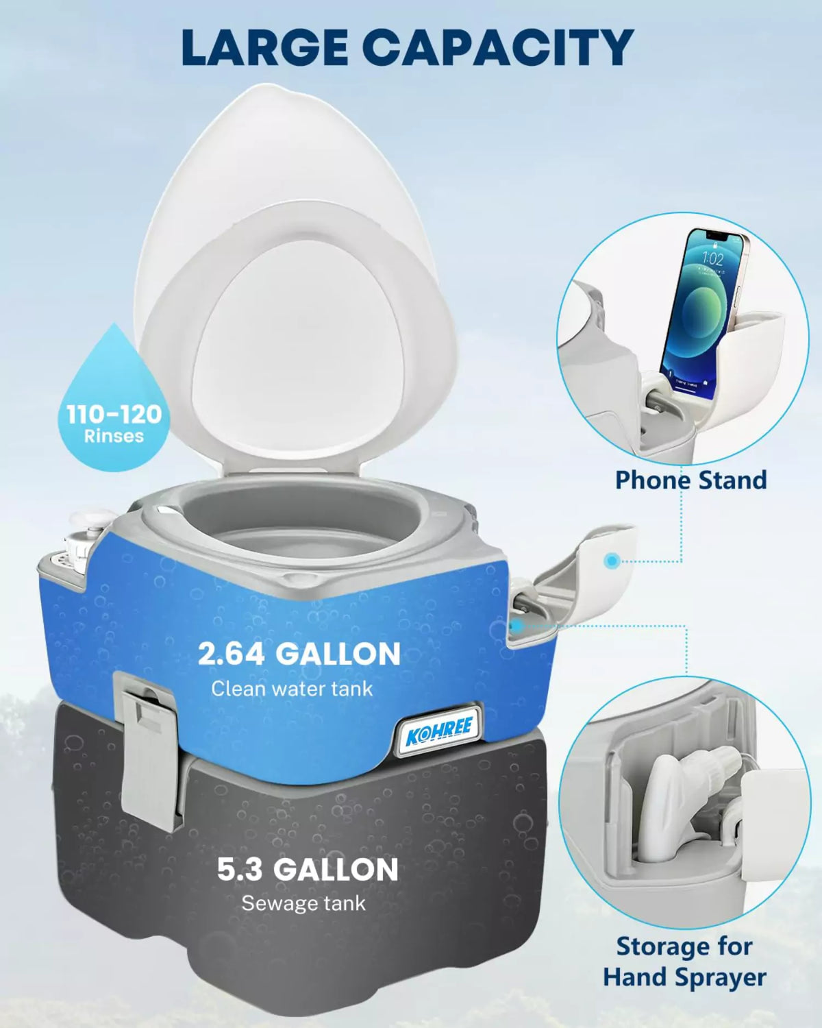 Large capacity kohree camping portable toilet 5.3 gallon