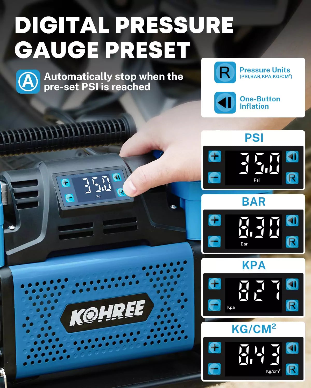 Kohree car tire pump with digital pressure gauge preset