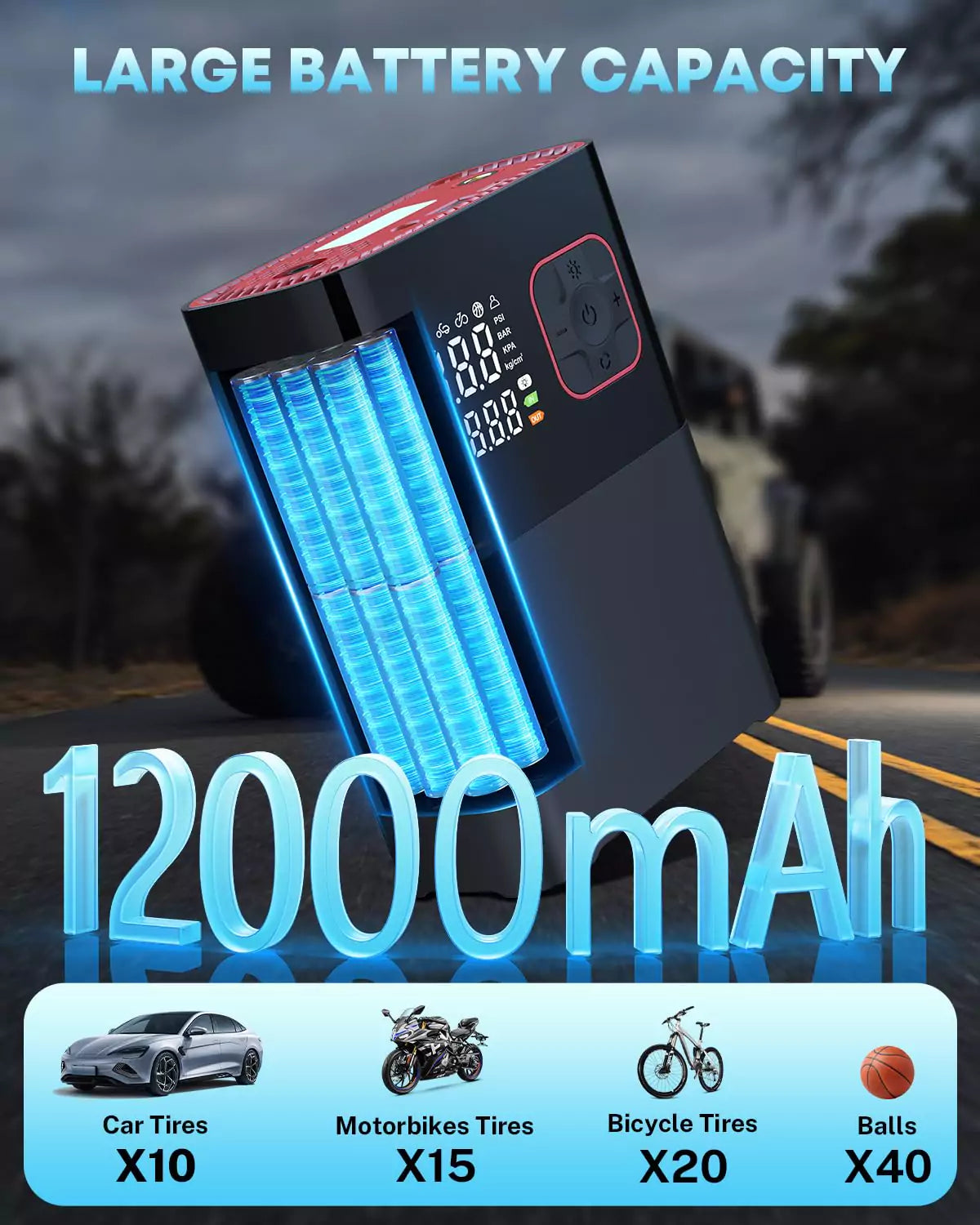 12000 mah large battery capacity hand held tire inflator