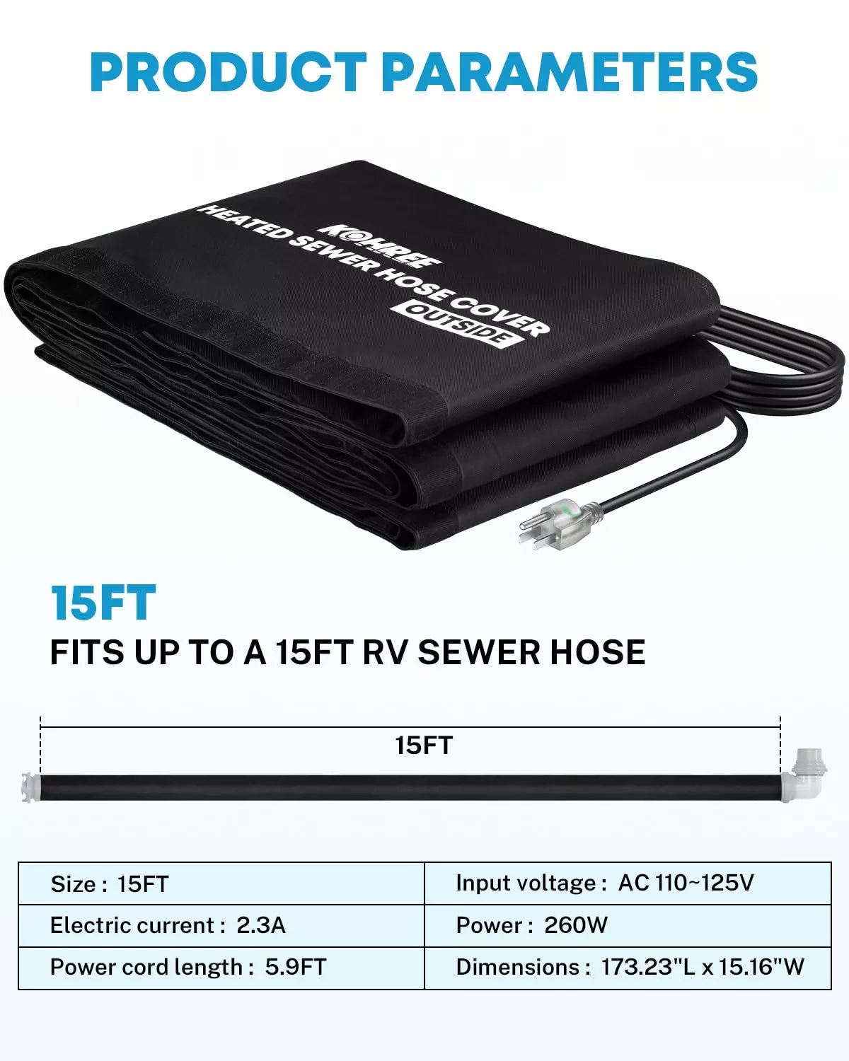 Kohree heated sewer hose sleeve 15 ft parameters