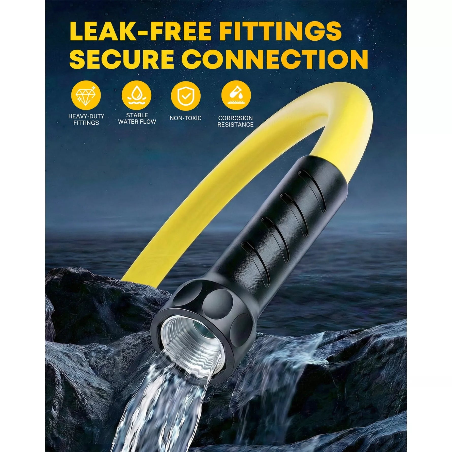 Yellow rv water hose with leak-free fittings and secure connection 