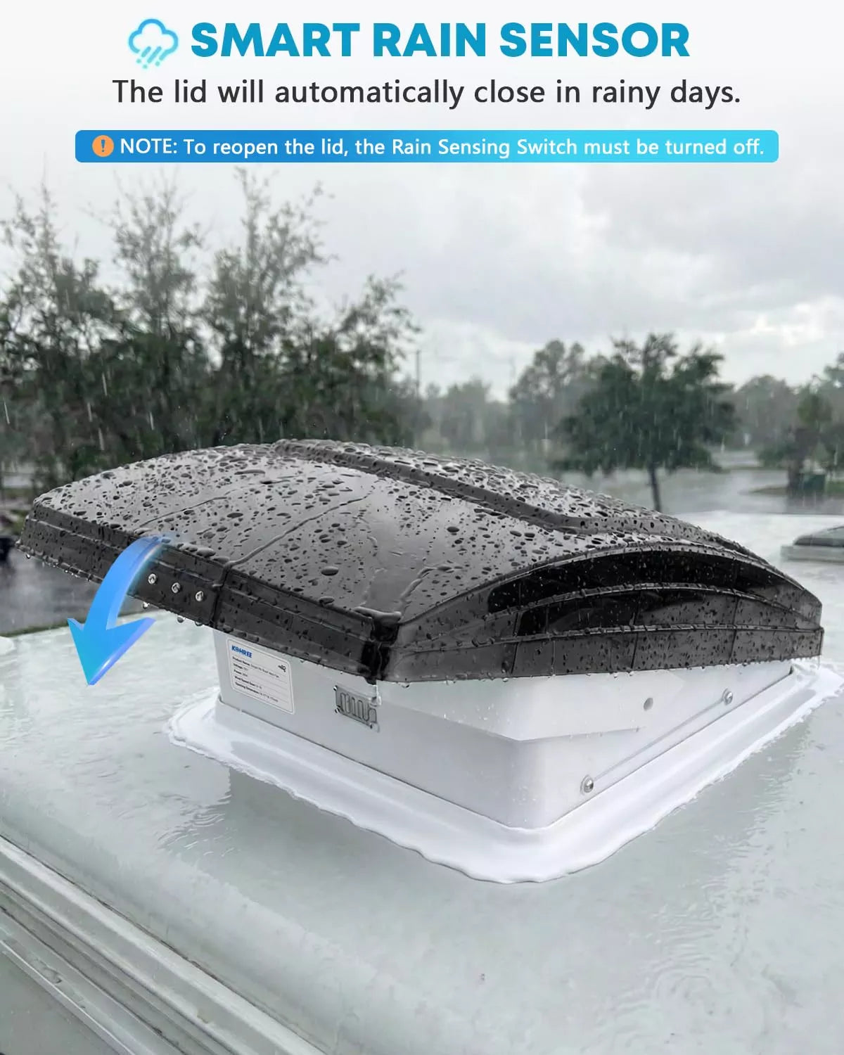 Visual representation of fresh air intake mode on Kohree RV roof vent fan. 