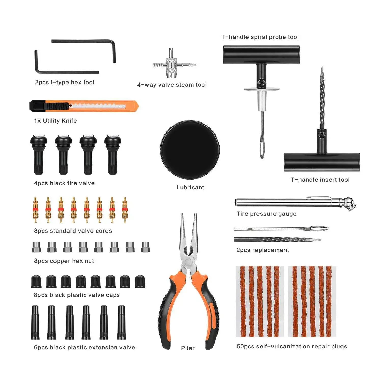 Kohree 98pcs tire repair kit product list