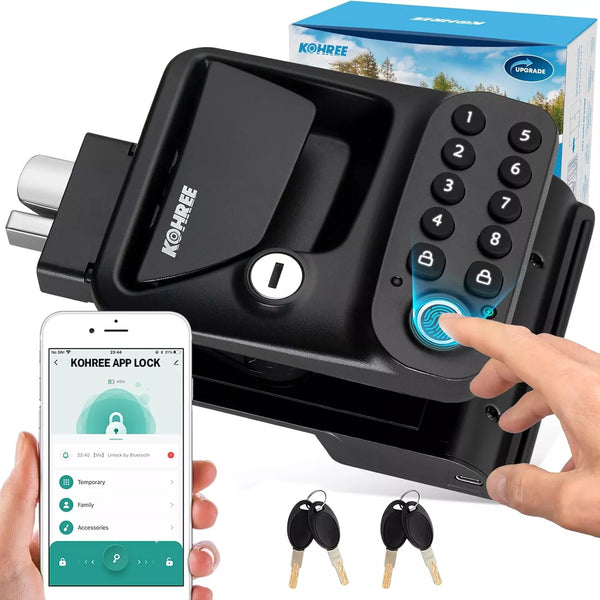 Kohree smart lock system with digital keypad, smartphone app, and keys