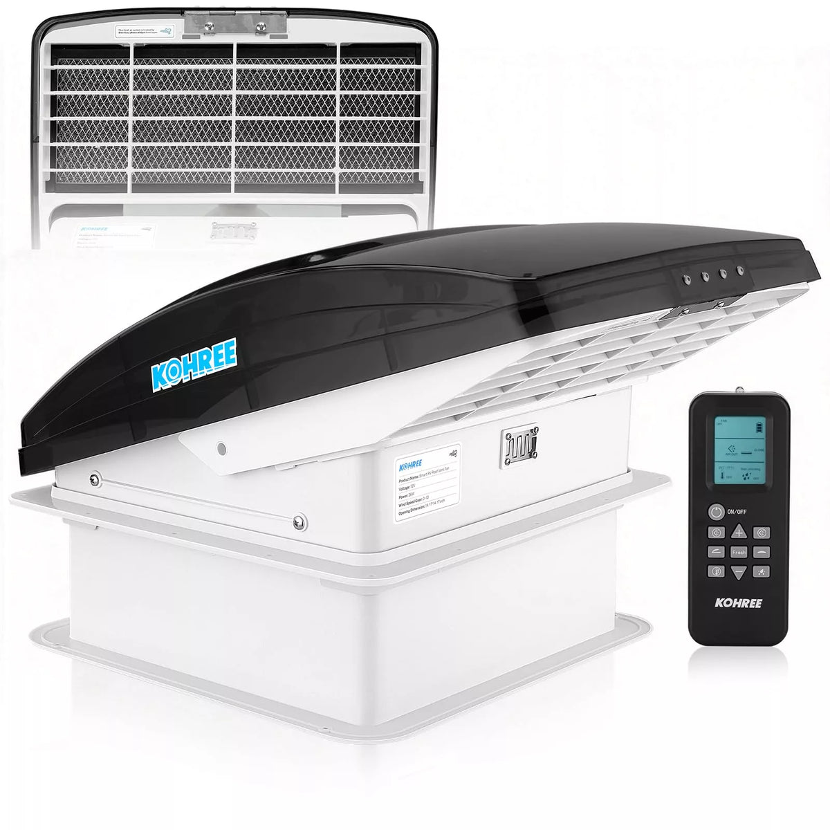 Kohree smart RV roof vent fan with black tinted lid and wireless remote control. 
