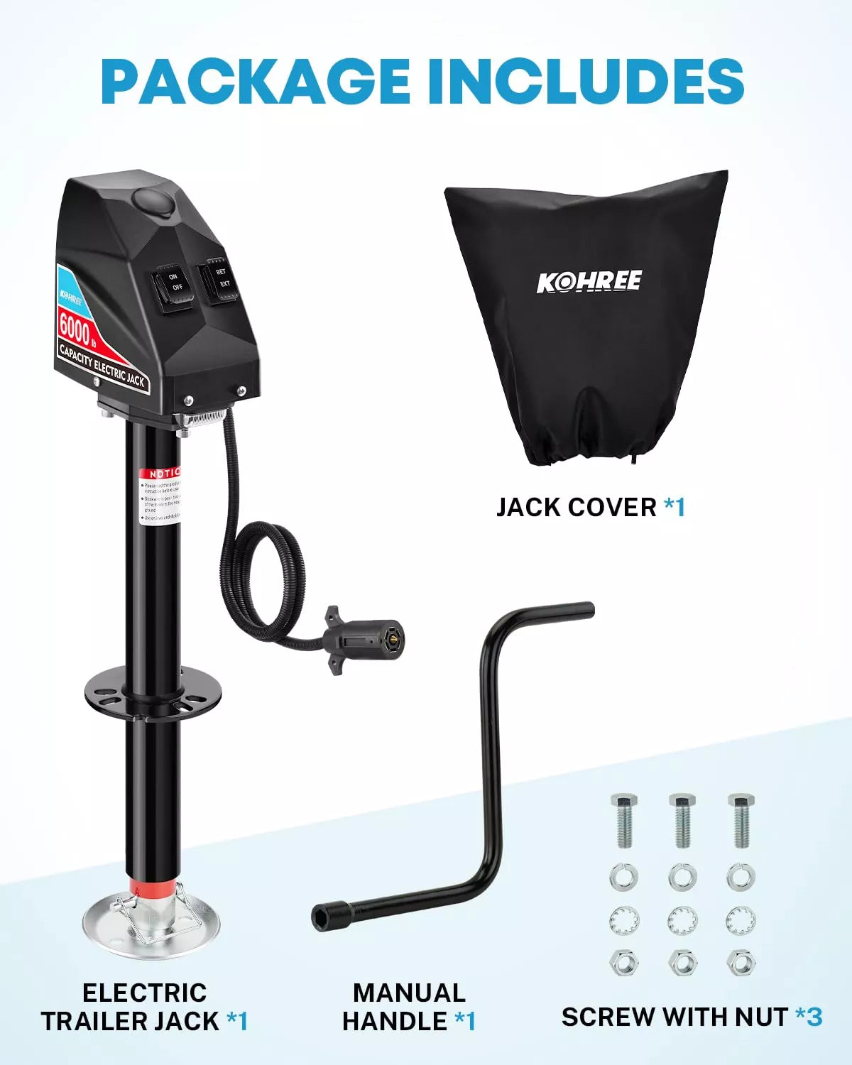 Kohree tongue jack for camper 6000 lbs package content