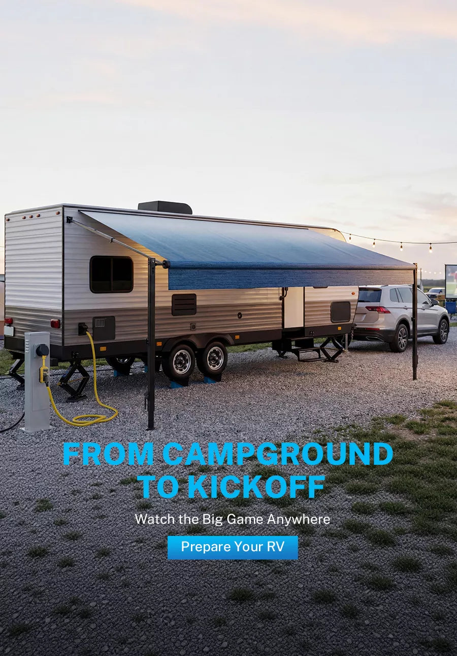 RV with an extended awning in a campground setting, preparing for outdoor events.