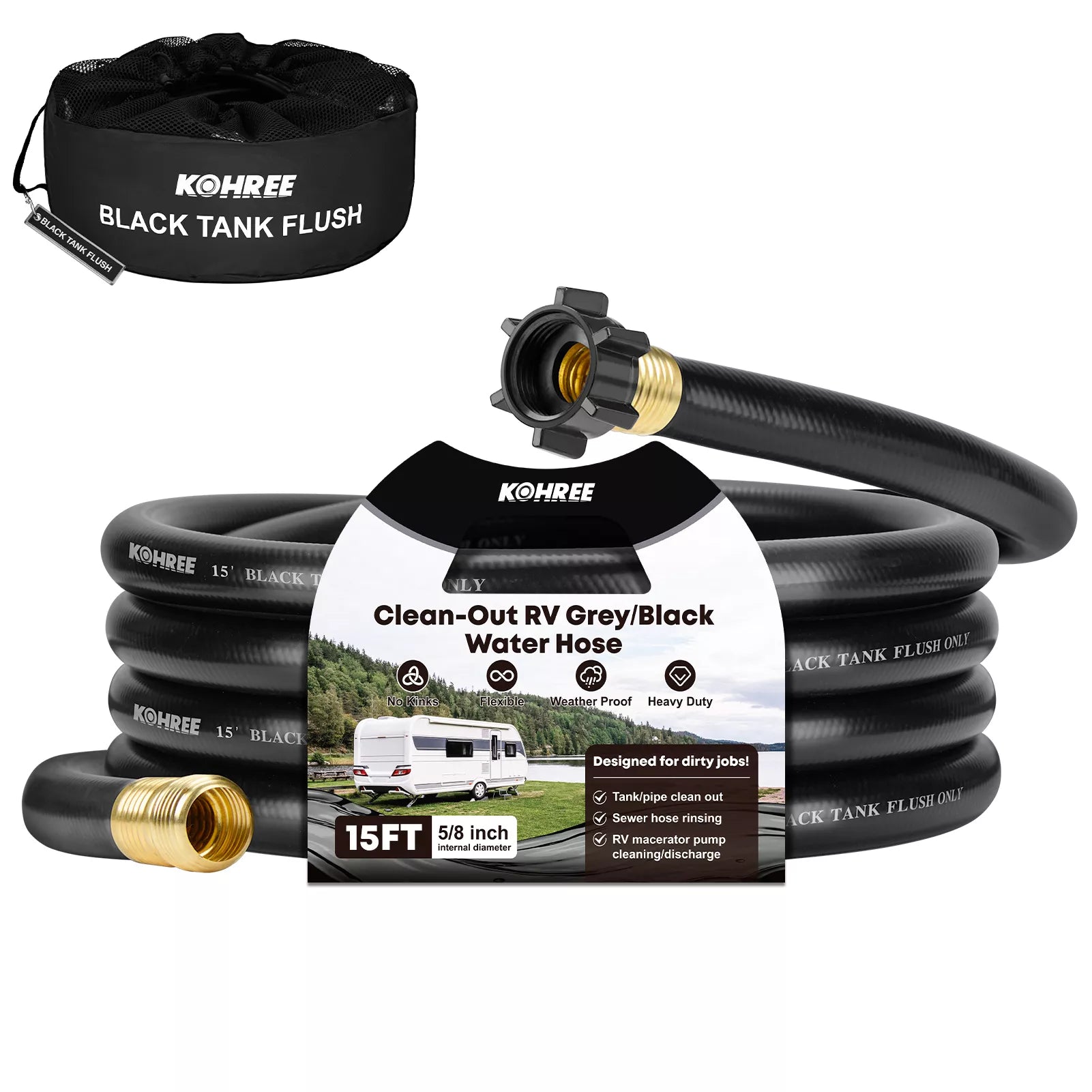 Kohree black tank flush and RV water hose with packaging