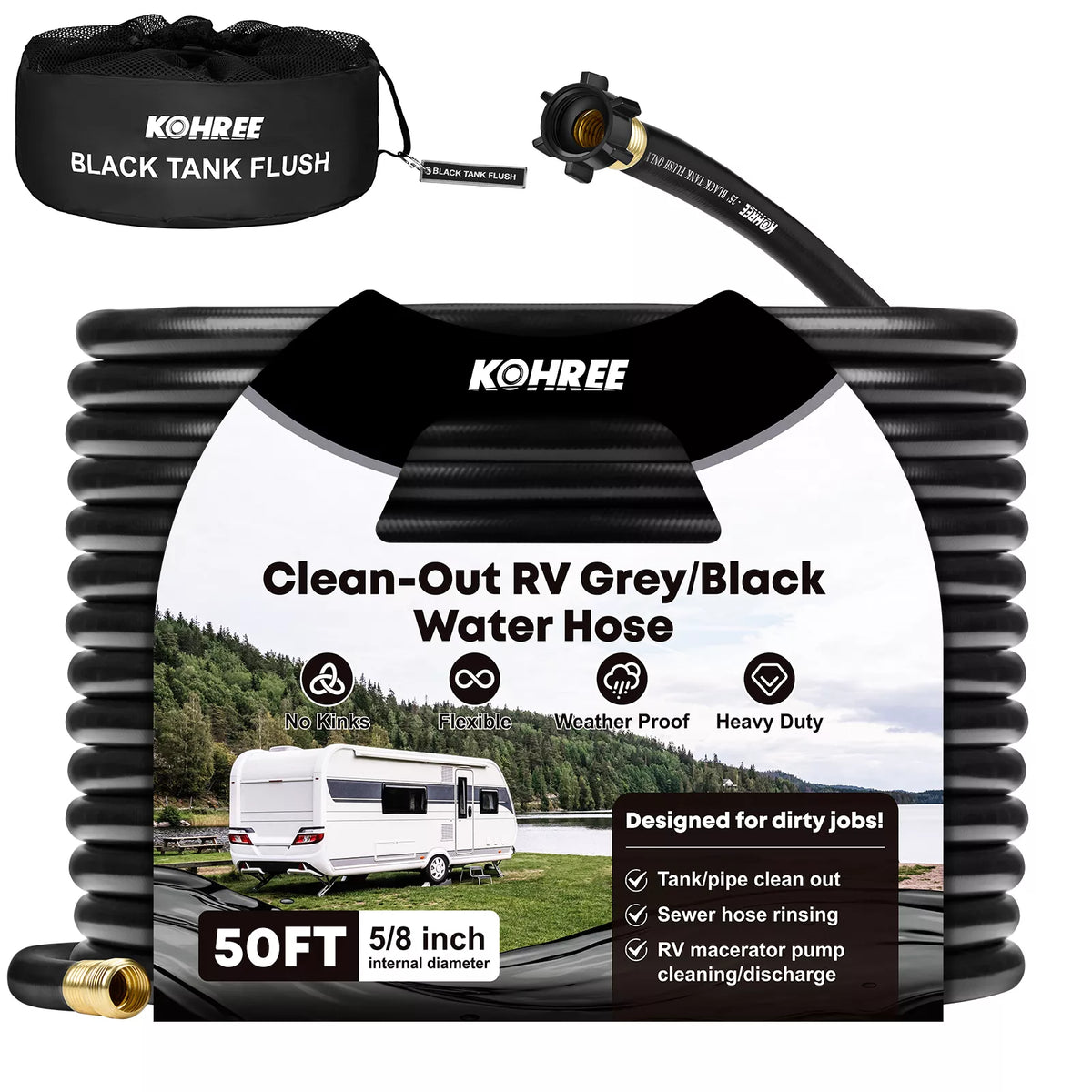 Kohree Clean-Out RV Grey/Black Water Hose packaging with hose coiled up 50 ft