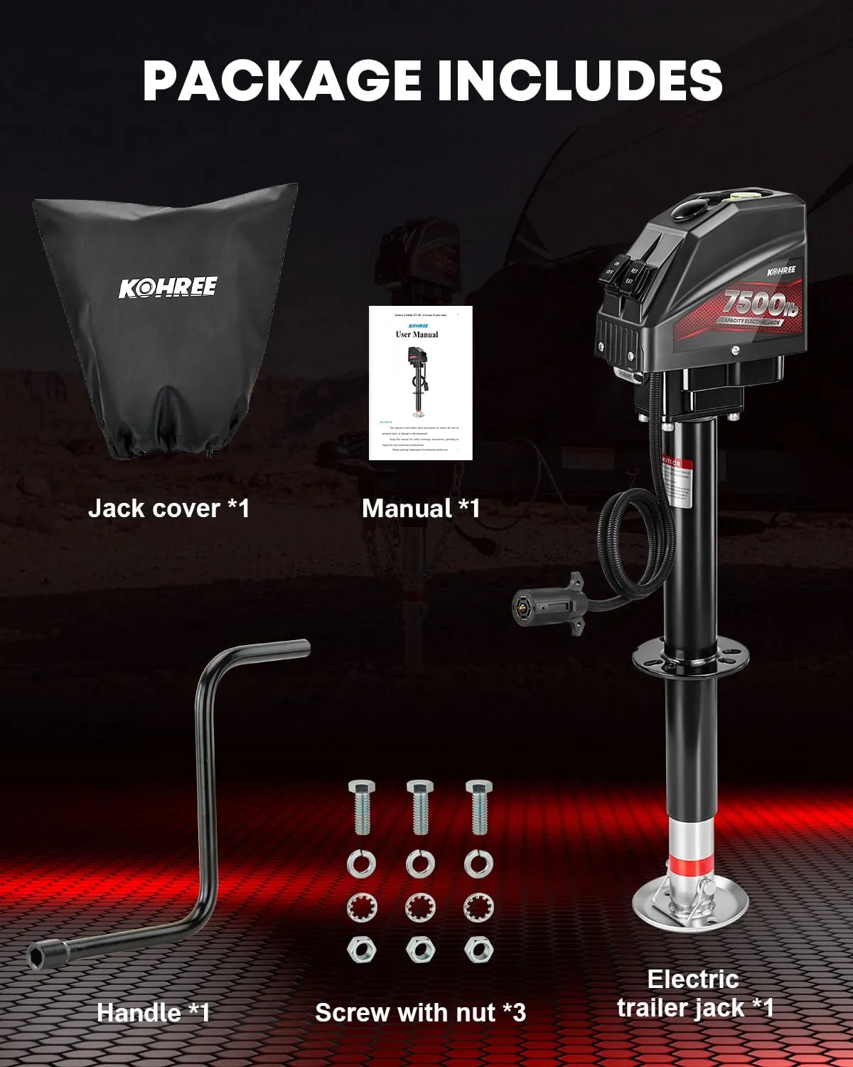 Kohree electric trailer jack 7500 lbs 7 way trailer plug package content 