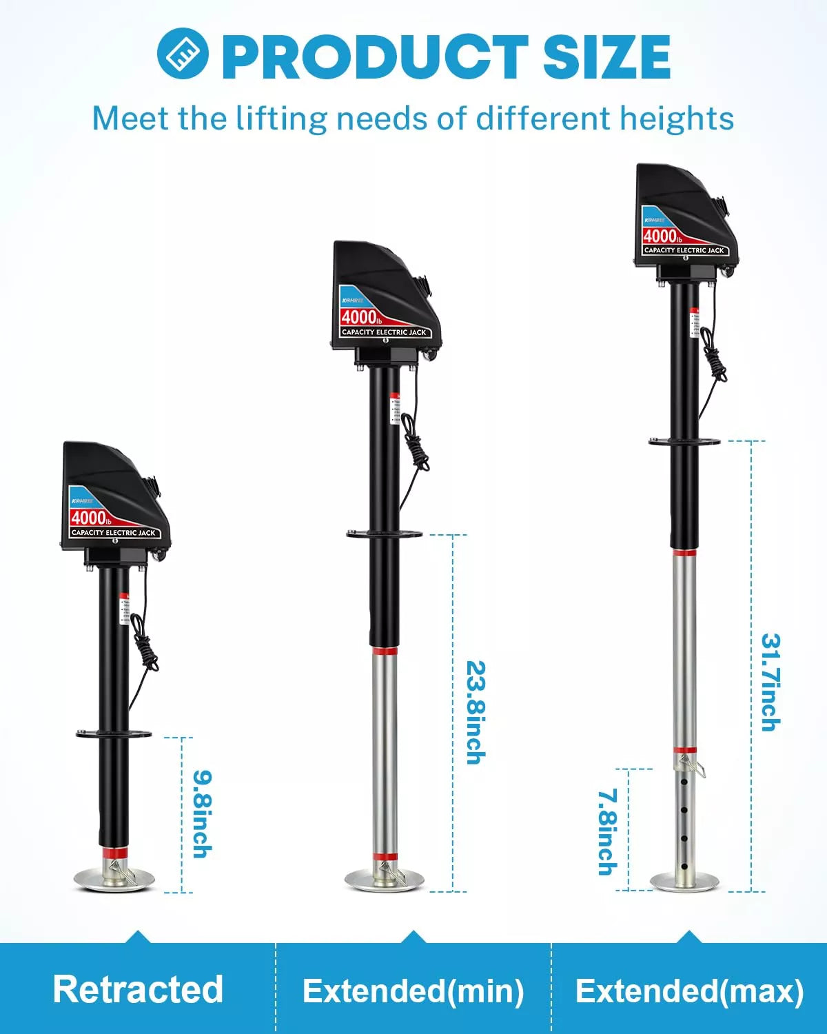 Three different heights of an electric trailer jack with measurements