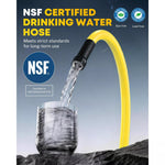 Yellow drinking water hose pouring water into a glass with NSF certification 