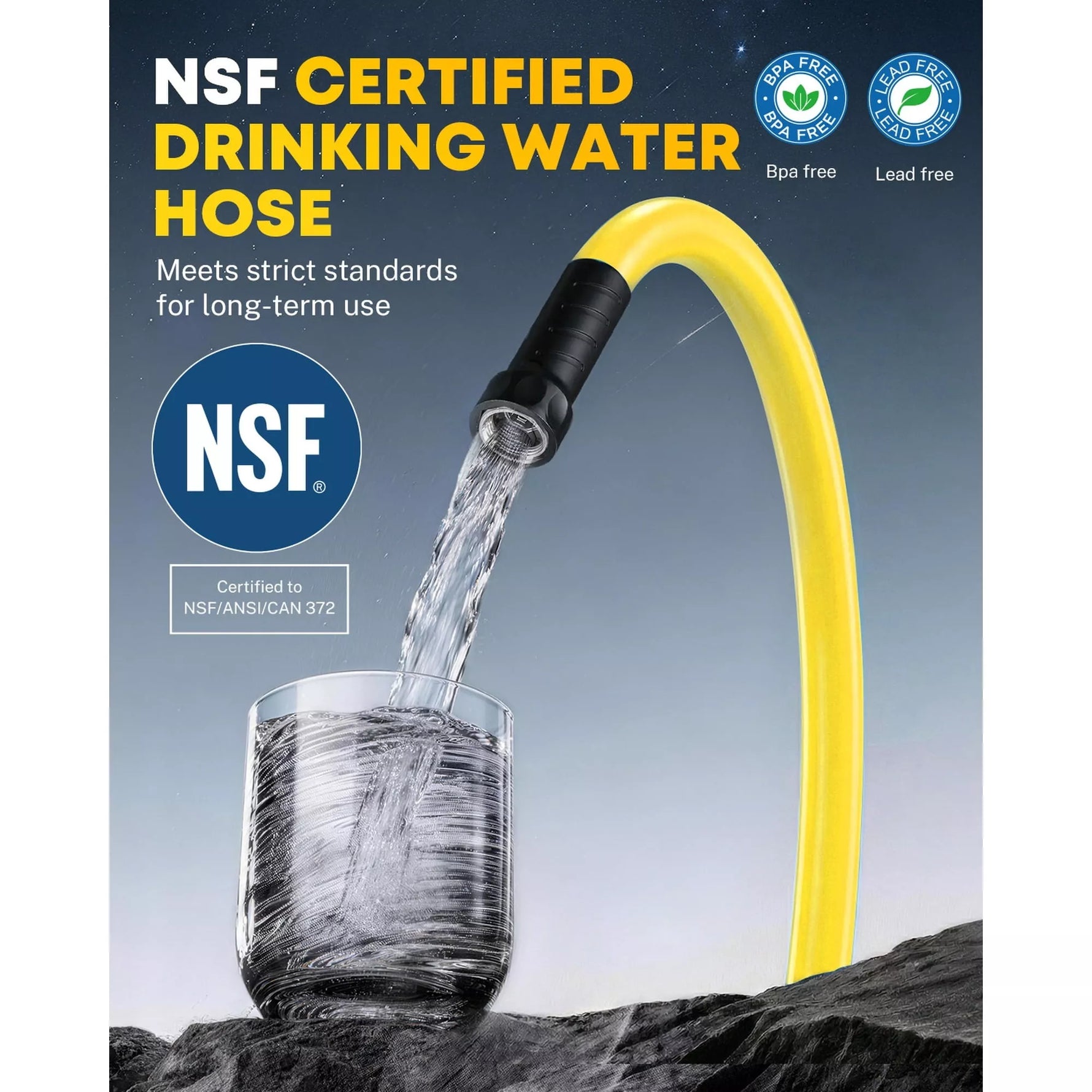 Yellow drinking water hose pouring water into a glass with NSF certification 