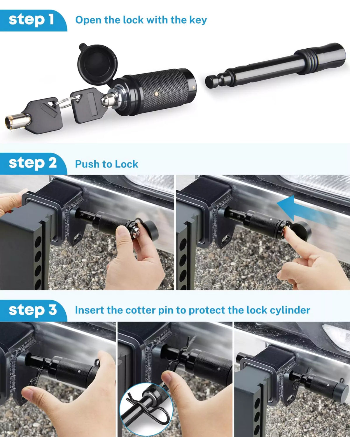 Installation step of trailer hitch locking pin set